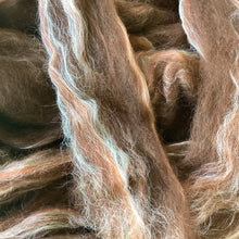 Load image into Gallery viewer, Alpaca/Merino/Silk Pin-Drafted Roving - Dark Brown, Nutmeg, White 1 Pound
