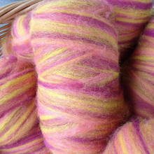Load image into Gallery viewer, Hand-dyed alpaca roving raspberry &amp; yellow
